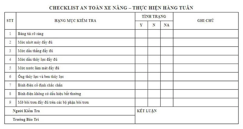 checklist kiểm tra xe nâng hàng tuần