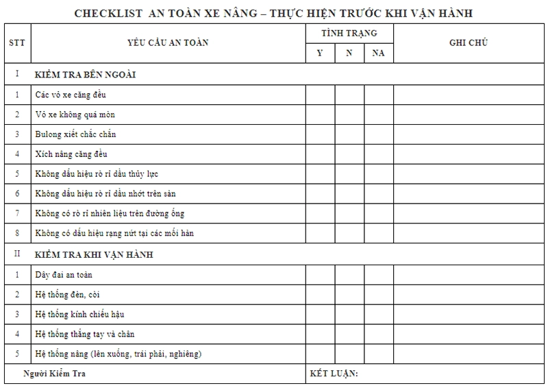 checklist kiểm tra xe nâng trước khi vận hành